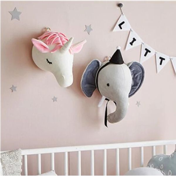 Unicornio Ciervo Elefante Cabeza Peluches Peluche Animal Cabeza Decoración de la pared Montaje en la pared Colgante Bebé Niños Decoración de la habitación Regalo de Navidad 240201