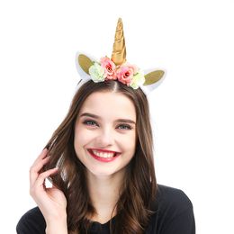 Diadema de unicornio Diadema con brillo metálico Oreja y flores para niños Adultos Disfraz de cosplay Cumpleaños Fiesta de Pascua Favores 3 colores