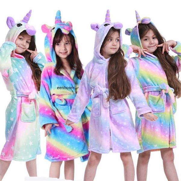 Licorne à capuche Enfants Bathrobes Enfants Star Rainbow Bath Robe Animal pour garçons Filles Pyjamas Nightpown Sleepwear 211130