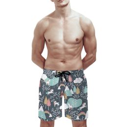 Unicorn Love Men's Swim Trunks Sports Shorts Trunks de plage Poches de surf et Mesh doublure Unicorn Horse Forest Nature Rain