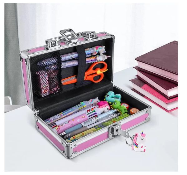 Boîte à crayon unicorn pour les filles Boîte de verrouillage des enfants pour l'école avec poignée portable et casse de trousse de trousque rose crayon mignon Unicorn S 240429