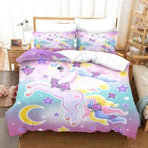 Juego de cama de unicornio rosa para niños con estampado de dibujos animados, regalo encantador para adultos, juegos de fundas de edredón de lujo, edredón, ropa de cama, tamaño King y Queen