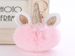 Licorne Pom porte-clés pompons artificiels fausse fourrure de lapin boule pompon porte-clés femmes sac voiture porte-clés Porte Clef titulaire Fluffy3818498