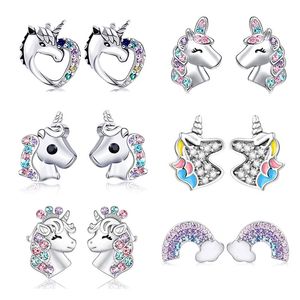 Boucles d'oreilles licorne en argent 925, strass multicolores, petit cœur, chat arc-en-ciel, pour femmes, bijoux cadeaux de mariage à la mode