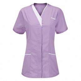 Uniform Verpleegster Vrouwen Korte Mouw V-hals Top Werken Uniform Effen Zak Blouse Klinische Uniformen Dames Medische Uniformen 25Ii #