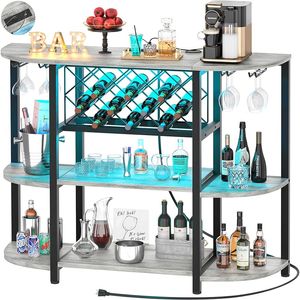 Unikito Armoire de bar à café en métal à 4 niveaux avec prise et lumière LED, table de sol autoportante pour support de verre à liqueur, casier à vin, boulanger, cuisine, salle à manger