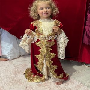 Uniqes Kaftan Marokkaanse Bloemenmeisjes Jurken Mooi Schattig Kinderen Meisjes Feest Skit Mooi Baby meisjesverkiezing Prinses Kant Lange mouw Goud Applicaties Verjaardag