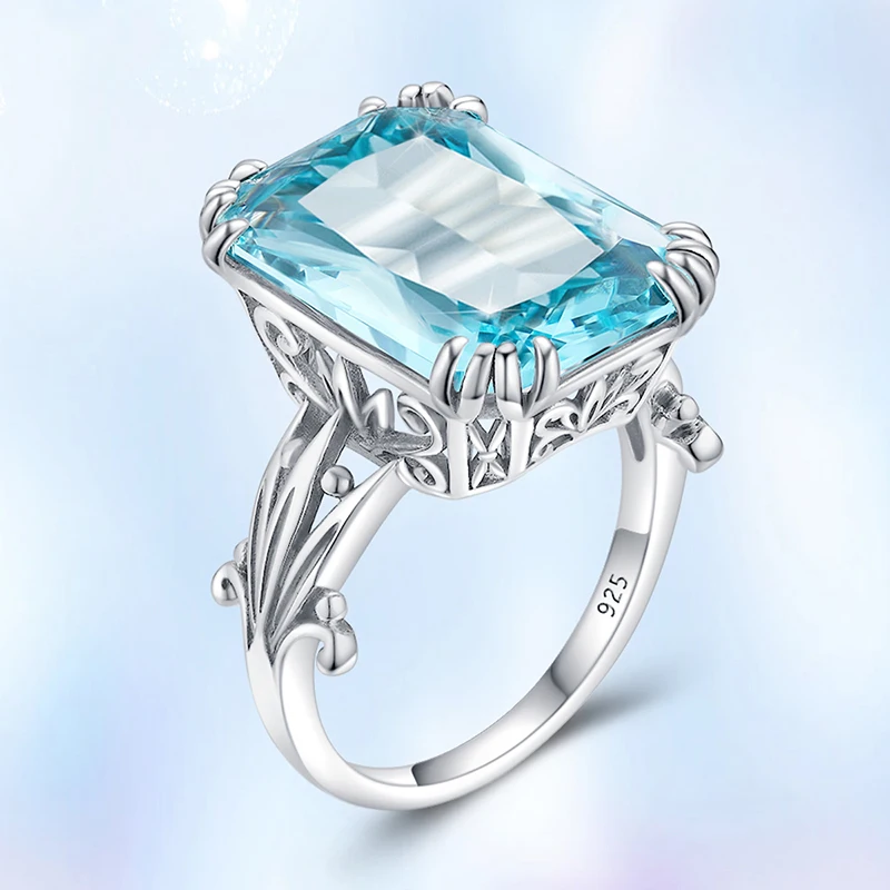 Unieke 100% 925 Sterling Silver Aquamarine Ring voor vrouwen lichtblauwe topaz edelstenen ring fijne sieraden artistiek filigraan ontwerp
