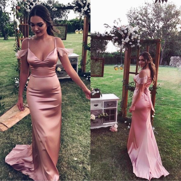 Unique 2018 Dusty Pink Seda elástica como satén Sirena Vestidos de dama de honor Largo Sexy Spaghetti Hombro frío Vestido de invitados de boda EN10272