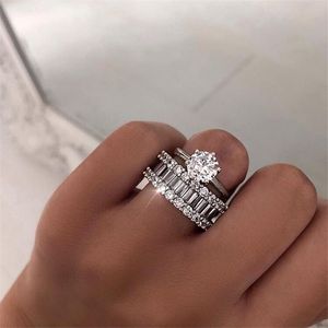 Unieke 2 stks paar ringen klassieke sieraden zes klauw real 925 sterling zilver wit topaz stapel cz diamant vrouwen bruiloft bruids ring set