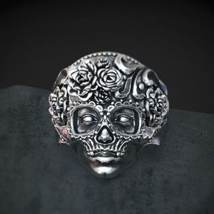 Bague Unique en acier inoxydable 316L, crâne de sucre lourd, fleur de Mandala pour hommes, bijoux de motard Santa Muerte, taille 7 - 14313T