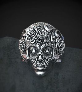Unique 316L en acier inoxydable à sucre lourd crâne d'anneau pour hommes mandala fleur de santa muerte biker bijoux taille 7 145458385
