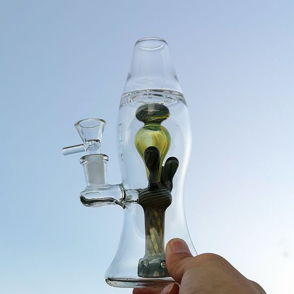 Único 7 pulgadas Mini Hookahs Lámpara de lava Bongs de vidrio Verde Embriagador Mano Tuberías de agua Turbina Perc Dab Rigs con junta de 14 mm con tazón