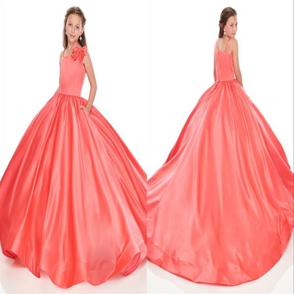 Unique Asymétrique Cou Corail Petites Filles Pageant Robes Avec Poches Robe De Bal En Satin Grands Arcs Longue Fleur Filles Première Communion 280D