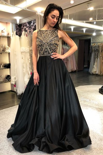 Vestido de noche de satén negro con cuentas, diseño único en la espalda, con bolsillos, vestido largo sexi para fiesta de graduación para mujer