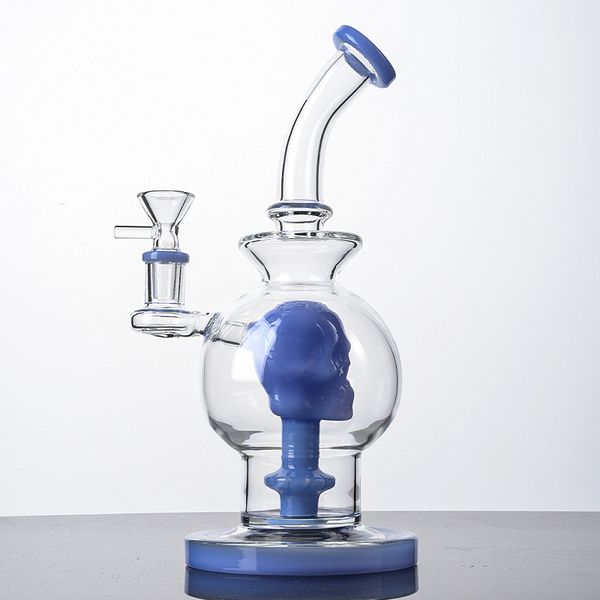 Unique Ball Style Hookahs Skull Showerhead Perc Bongs Blue Heady Glass Water Pipes Tipo doblado 9 pulgadas Dab Rigs Pipas para fumar con 14 mm Joint Bowl DHL