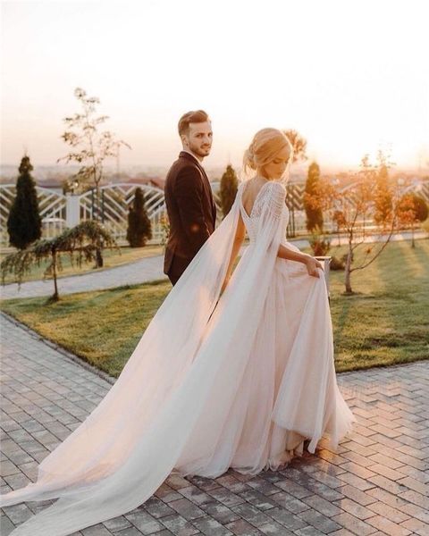 Vestidos de novia de playa únicos tripulación rebordear 2019 Cap manga A-Line Apliques de encaje Vestido de novia de princesa Vestidos de boda árabes con perla