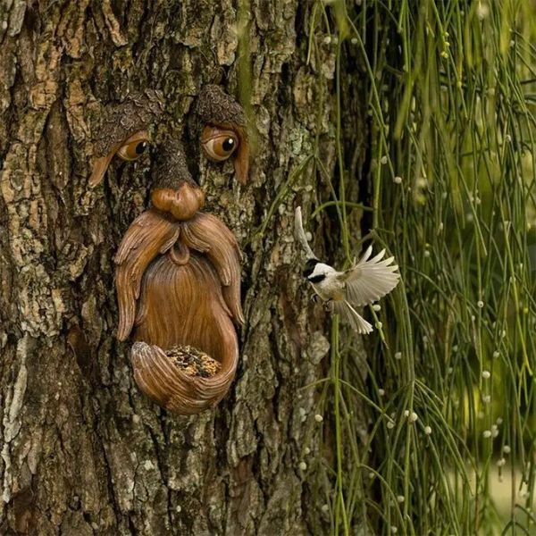 Mangeoires à oiseaux uniques, décoration murale en résine créative, facile à installer, visages d'arbre, jardin extérieur, cour, 240314