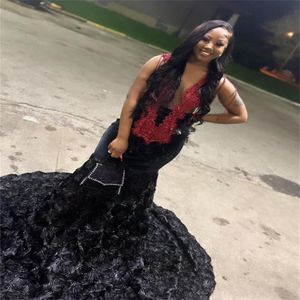 Robe de soirée noire unique avec fond floral rose pure cou sirène robe de bal de filles noires avec plume occasion formelle fête robes de Fiesta Noche 2023 Abiye