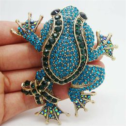 Pendentif grenouille aux yeux noirs Unique, Animal bleu vert strass broche en cristal Pin2898