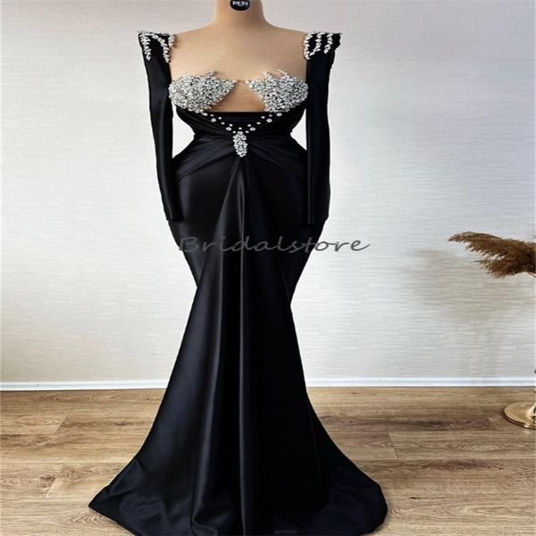 Robe de soirée sirène noire unique, encolure carrée, manches longues, robes de bal, perles de cristal, robe formelle, robe de fête d'anniversaire personnalisée, robe de concours de réception, 2024