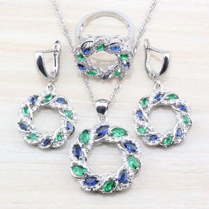 Ensemble de bijoux pour femmes, Unique, bleu vert, zircone cubique, couleur argent, taille de bague 6/7/8/9/10, boîte cadeau gratuite T294 H1022