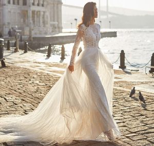 Vestido de novia de sirena de encaje bohemio único con tren desmontable, vestidos de novia transparentes con cuello redondo y manga larga con espalda abierta, hechos a medida