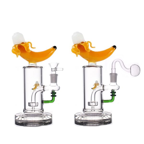 Bong unique en verre Bongs 14 mm conduites d'eau à joint femelle 7 pouces en forme de banane cendrier narguilés pomme de douche à matrice en ligne Perc avec tuyau de brûleur à mazout en verre et bol