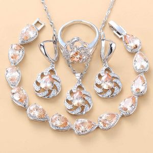 Unieke Champagne CZ Water Drop Vintage Kostuum Zilverkleur 10-Color Dames Sieraden Sets Dangle Oorbellen Armband Ring H1022