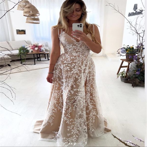 Robe de mariée en dentelle de champagne unique 2023 avec fente élégante robe de mariée de plage Boho rustique hippies celtique jardin extérieur robes de mariée De Novia abito da sposa