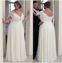 Unieke chiffon juwelen halslijn a-line plus size trouwjurken met kralen kanten appliques korte mouwen bruidsjurk