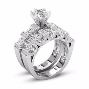 Unique Choucong Vintage Bijoux De Mode Couple Anneaux 925 Argent Remplir Rétro Éternité Ronde Coupe Topaze Blanche CZ Diamant Femmes Bague De Mariée Ensemble