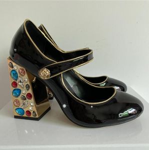 Escarpins à talons épais avec strass colorés pour femmes, chaussures de luxe en cuir verni, bijoux à talons hauts en cristal, chaussures de fête Slim