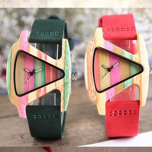 Unieke kleurrijke houten horloge creatieve driehoek vorm Dial uur klok vrouwen quartz lederen armband dames pols reloj mujer 210616