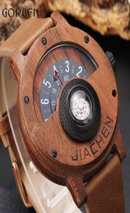 Uniek kompas draaitabel nummer ontwerp heren houten horloge mannen bruine houtleer band creatieve natuurlijke houten pols horloges relogio y8607565