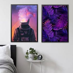 Pintura en lienzo creativa única, planta púrpura, nubes de arcoíris, carteles con estampado de astronauta, imágenes artísticas de pared modernas para decoración del hogar