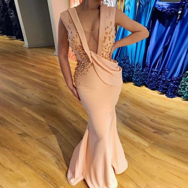 Diseño único Vestido de noche Sexy con cuello en V Sirena Vestidos largos de baile con cuentas para ocasiones formales Por encargo Summer Robe de mari￩e