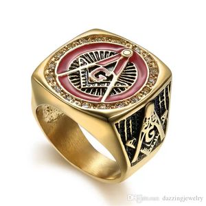 Unieke ontwerp olie druppel ringen Freemaoson Masonic Rings Past Master met Crystal Stenen Red Emaille Sun Surround Religious Overdreven AG Herenring