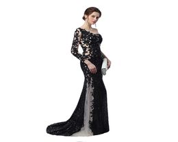 Robes de soirée de sirène de conception unique pure illusion 2019 paillettes noires nues appliques une manches longues robes de bal de célébrité5495380