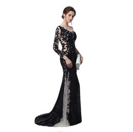 Robes de soirée de sirène de conception unique pure illusion 2019 paillettes noires nues appliques une manches longues robes de bal de célébrité9306955