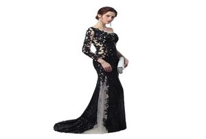 Robes de soirée de sirène de conception unique pure illusion 2019 paillettes noires nues appliques une manches longues robes de bal de célébrité2623800