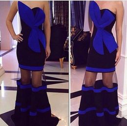 Unieke Design Strapless Avondjurken 2016 Blauw en Zwart Sexy Backless See Through Prom Dresses Saoedi-Arabië Formele Party Vesyidos