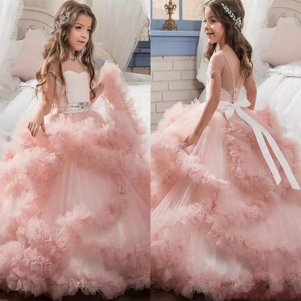 Unique Designer Blush Rose Fleur Filles Robes 2017 Robes De Bal En Cascade De Volants Longues Pageant Robes pour Petite Fille MC12902588
