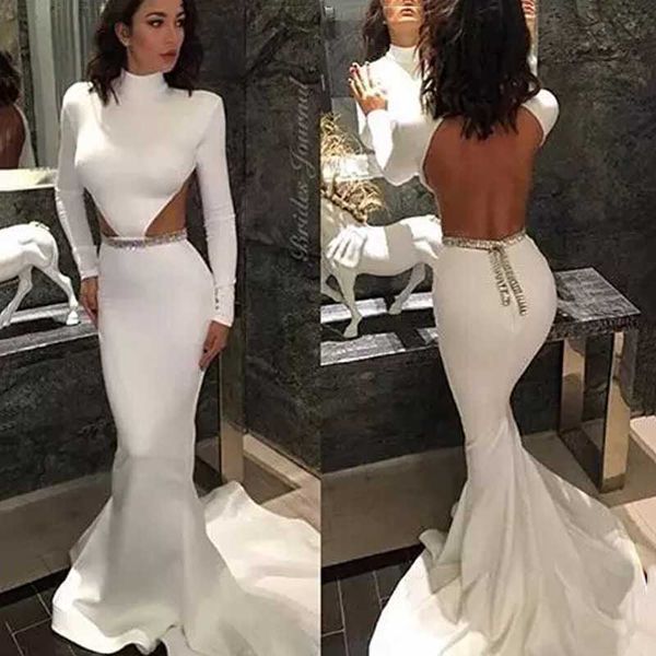 Diseñador único Marfil Sirena Vestidos de baile Mujeres Sexy Sin espalda Tren de barrido Halagado Equipado Vestido de fiesta de graduación Vestidos de noche