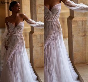 Designer unique plière en tulle robes de mariée sirène chérie manches longues modernes robes de mariée balayez la réception de la mariée