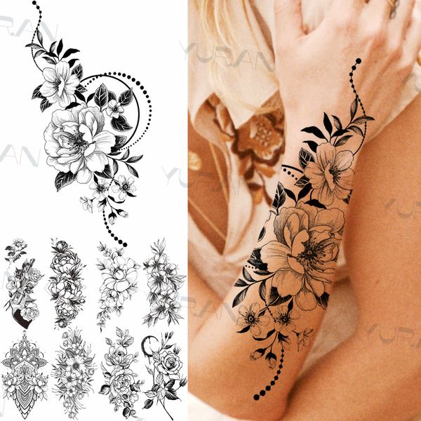 Unique fleur vigne pivoine tatouage temporaire pour femmes femme faux avant-bras lune Mandala Dahlia tatouage autocollant Tatoos décalcomanie pivoine