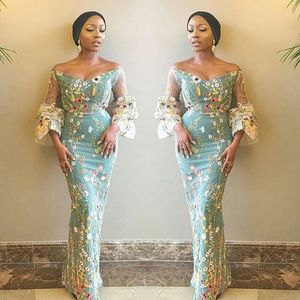 Unieke bloemen stof prom jurken zuid-afrikaanse off the shoulder avondjurken pure mouwen zeemeermin plus size formele feestjurk