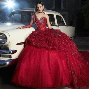 Unieke Glitter Charro Quinceanera Mexicaanse Sweet 16 Jurken met Enkele Mouw 2023 Kristal Eén Schouder 15 Junior Optochtjurk 326 326