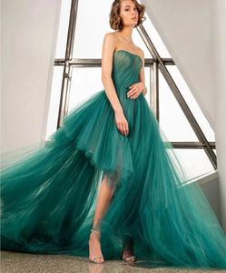 Unieke Groene Avondjurk 2024 Strapless Asymmetrische Geplooide Tule Vrouwen Formele Prom Verjaardag Jurk Robe De Soiree