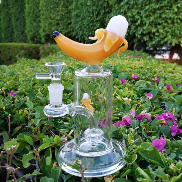 Unique Heady Banana Glass Bong Narguilé Pomme De Douche Perc Tuyau D'eau 14mm Femelle Joint Huile Dab Rig 7 Pouces Bongs Avec Entonnoir Bol Ananas LL